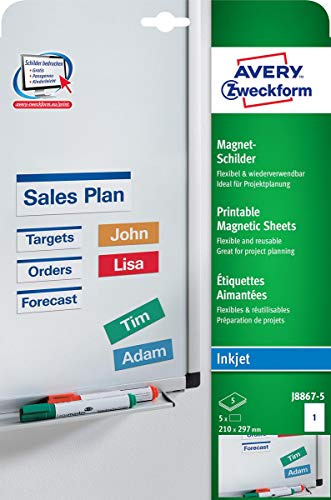 AVERY Zweckform J8875-5 Magnet-Schilder (5 Magnete, 210x297mm auf A4, spezialbeschichtet, bedruckbar, magnetische Haftung auf White Boards, Metalltafeln, uvm., für Inkjet-Drucker) 5 Blatt, weiß