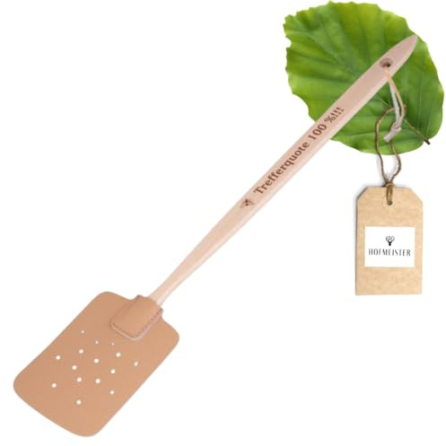 HOFMEISTER® Fliegenklatsche Groß aus Leder, Fliegentöter mit Holzstiel, Mückenklatsche, Insektenvernichter, Holzgriff, Effektiver Fliegenvertreiber & Mückenvernichter