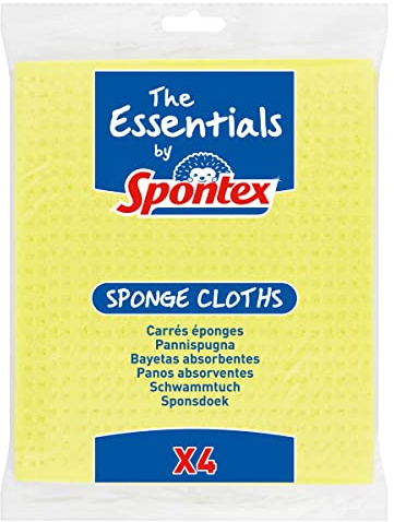 Spontex The Essentials Sponge Cloths | Super Absorbent Dish Cloths for Wiping & Cleaning | 100% PEFC Certified Wood Pulp | 4 Pack