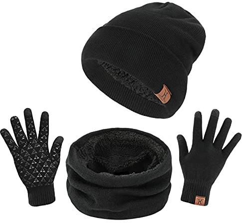 TAGVO Sombrero de Gorrita Tejida, Bufanda, Guantes de Pantalla táctil 3 en 1, Forro Interior de vellón Suave, Gorro de Gorrita Tejida, Gorro elástico, 3 Dedos Guantes táctiles de Pantalla