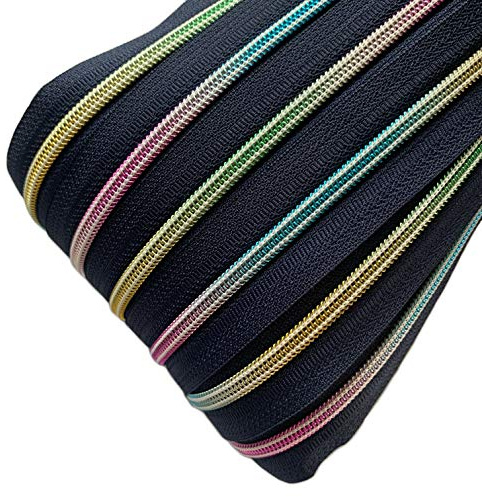 Schnoschi 6 m dunkelblauer 5mm endlos Reißverschluss mit Regenbogeneffekt 5 mm Laufschiene + 15 Zipper, Spiralreißverschluss