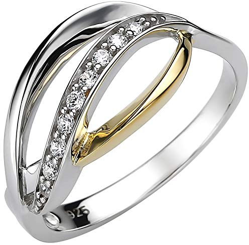 Jobo Damen-Ring aus 925 Sterling Silber Bicolor vergoldet mit 9 Zirkonia Größe 54
