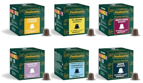 Sandemetrio Te e Tisane Bio Compatibili con Nespresso, Scelgi tra: Te al Limone, Tisana Notte, Digestiva, Camomilla, Zenzero e Limone, Frutti di Bosco. 60 Capsule (6 box da 10 cps)