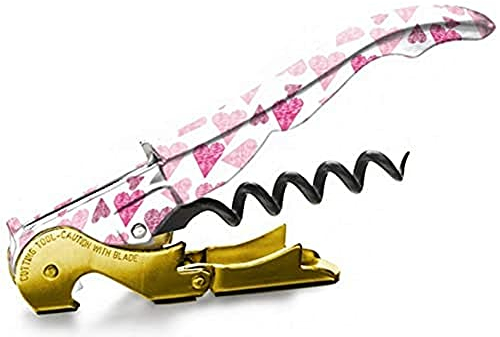 PULLTAP'S GENUINE Pink Love 900 - Sacacorchos de camarero profesional con diseño corazones - Fabricado en España - Incluye doble palanca articulada, navaja cortacápsulas tipo cúter y abrebotellas