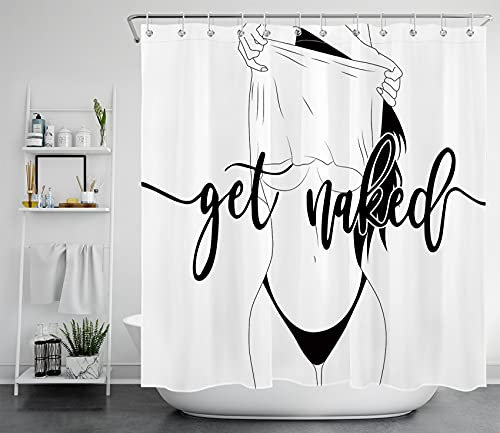 LB Nackt Werden Duschvorhang 180x180cm Sexy Mädchen Antischimmel Wasserdicht Badezimmer Vorhänge, Minimalistische Ästhetik Schwarz Weiß Polyester Stoff Bad Vorhang mit Haken