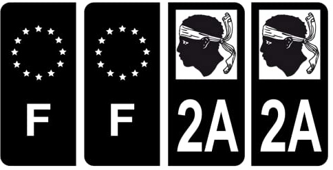 HADEXIA Nummernschild-Aufkleber, französisches Departement 2A, Corse-du-sud Korsika, Schwarz und F, Frankreich, 4 Stück