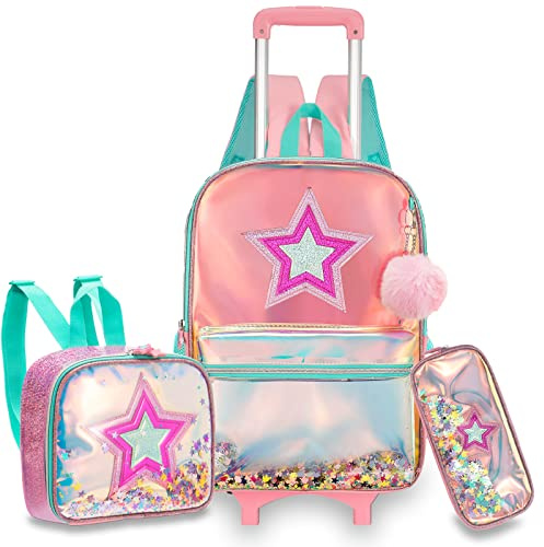 Egchescebo School Kids Rolling Backpack for Girls and Boys With Wheels Trolley Wheeled Backpacks for Girls and Boys Travel Bags 3PCS Girls Backpack With Lunch Box Kids Rolling Suitcase Pink
