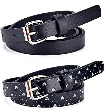 Anshili 2 pezzi di Cintura per Bambini in PU per Ragazze Larghe 1,5 cm Circonferenza 57-72 cm (Nero 2)