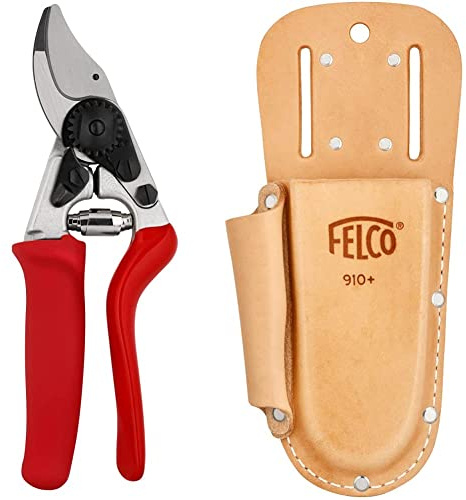 FELCO Gartenschere Nr. 15 Mit Rollgriff für Rechtshänder (Länge 189 mm, Schnitt-ø 18 mm) & Etui Nr. 910+ (Holster Aus Echtleder für Gartenschere + Schleifstein)