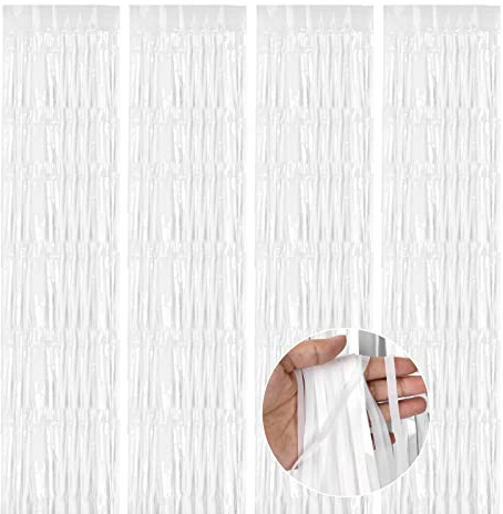 4 STK Folien Vorhänge, 1m x 3m Lametta Vorhang Hintergrund, Schwarz Metallic Lametta Vorhänge, Selbstklebende Folien Fransen Lametta, Partydekorationen für Geburtstags,Abschlussball, Hochzeit (Weiß)