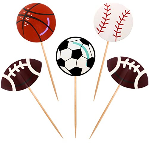 BLUE TOP 48 Stück zweiseitige Sport-Ball-Cupcake-Topper, Spieler, Sport-Thema, Cupcake-Picker, Geburtstagsparty-Dekoration, Fußball, Baseball, Basketball, Rugby, Dekoration