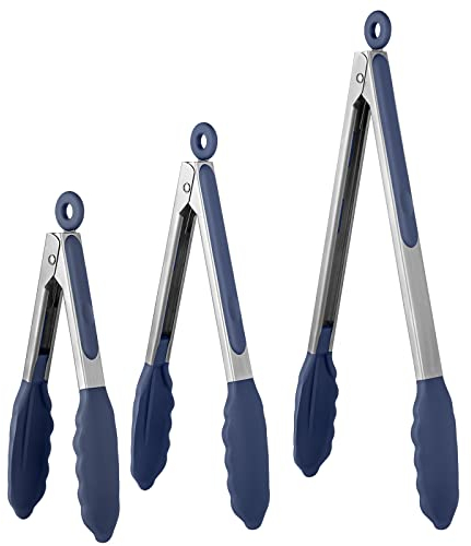 U-Taste Grillzange Küchenzange mit Silikonspitzen & Silikongriff 3 Stück, 315℃ Hitzebeständige Fleischzange Kochzange aus Edelstahl zum Kochen Grillen Salat Buffet Servieren (Mitternachtsblau)