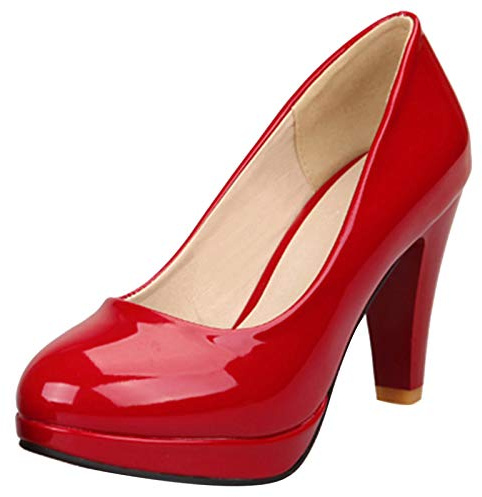 Bviennic Damen Closed Toe Höhe Ferse Pumps Hochzeit Kleid Elegant Runde Zehen Bride Sommer Party Lack Plateau Schuhe Ohne Verschluss Rot Gr 40 Eu-41Cn