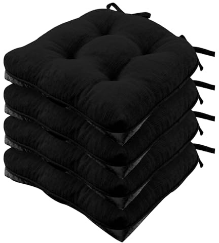 Wellsin Chair Cushions for Dining Chairs, Non-Slip Kitchen Chair Pads with Ties, Tufted Shredded Foam Kitchen Chair Cushions Set of 4, 15.5 X 15.5, Black