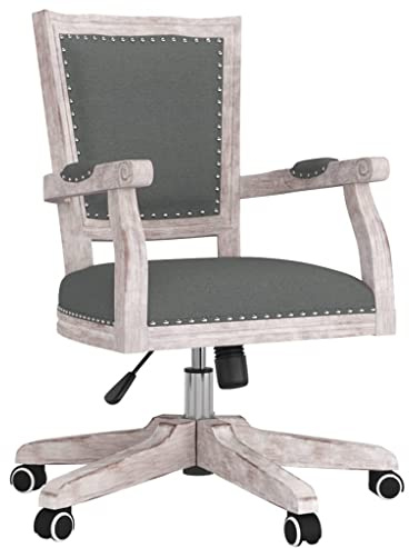 vidaXL Bürostuhl Drehbar, Höhenverstellbarer Tisch, Computerstuhl mit Holzbeinen Armlehne, Schreibtischstuhl Drehstuhl, Französischer Vintage Stil, Dunkelgrau Stoff