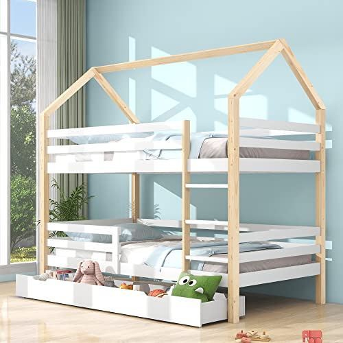 Etagenbett mit Leiter & große Schubladen Stockbett,für 2 Kinder mit Rausfallschutz und 2 Lattenrost,Kiefernholz Kinderbett Jugendbett,Doppelbett Hausbett,90x200cm