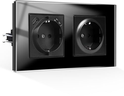 CNBINGO USB Steckdose Unterputz mit Krallen, 1x Typ AC, 2-Fach Schwarz Glas | Schuko Doppelsteckdose mit USB-A und Typ-C, Max.2,1 Amp, Schutzkontakt Wandsteckdose mit Kindersicherung, Glasrahmen