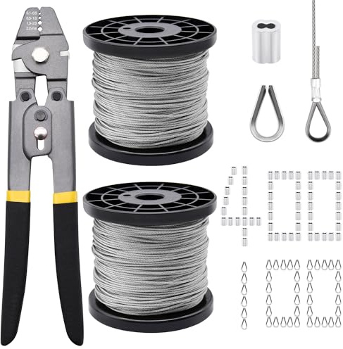 656ft Wire Rope Crimping Tool Kit, 1/16 Stainless Steel Wire Rope Cable with Aluminum Crimping Sleeves and Stainless Steel Thimbles for Railing, Decking, Picture Hanging