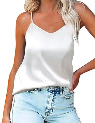 Ekouaer Débardeur Satin Femme Camis sans Manches Caraco Soie Col V Maillot de Corps à Bretelles Spaghetti Réglable Blouse Haut T-Shirt Cami Tops, XL