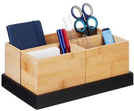 Relaxdays Bambus Organizer, 4-teiliges Set, Schreibtischutensilien, Kosmetik, für Büro, Bad, Ablageschale, Natur/schwarz
