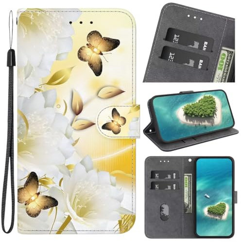 KRjcsfhy Hülle Case für Samsung Galaxy S23 Ultra, Lederhülle [ Premium Echtleder] [RFID Blocker] [Kartenfach] [Magnet] TPU Stoßfeste Klapphülle TPU Schutz für Samsung Galaxy S23 Ultra,Weiße Blume