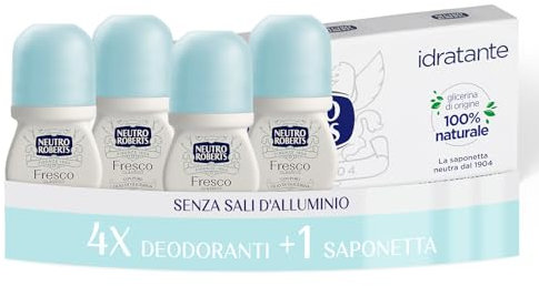 Neutro Roberts, Deodorante Roll On Fresco Classico, Zero Sali di Alluminio, Zero Macchie, Con Puro Olio di Glicerina, Deodorante Uomo e Donna, Plastica 100% riciclata, 48h - 4 Pezzi da 50 ml