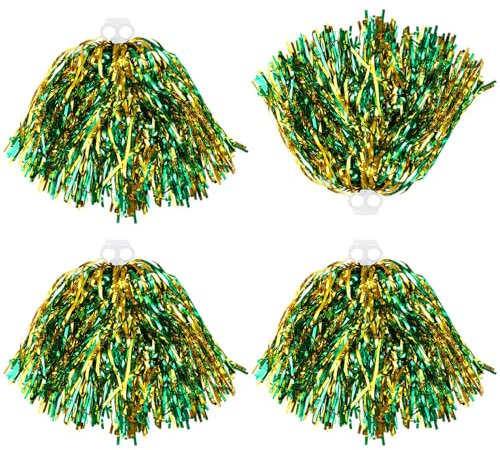 Thenshop Cheerleader-Pompons, 4 Stück, Cheerleader Squad, lustige Pompons, Handblumen, Metallfolie, Pompons für Kinder, Erwachsene, Sport-Team, Geist, Cheering-Party, Grün und Gold