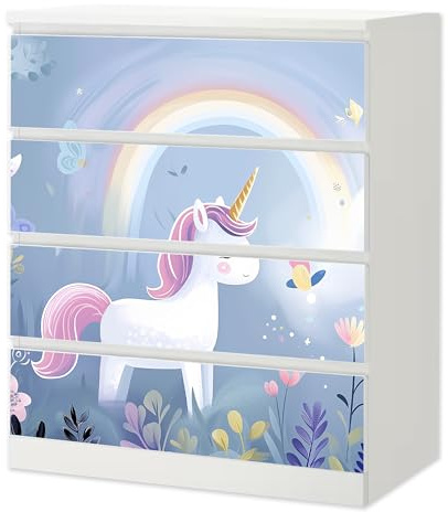 Möbelfolie Einhorn Zauber passend für Ikea Malm Kommode 4 Schubladen Deko | Selbstklebende Schrankfolie für glatte Schubladenfronten Klebefolie Kinderzimmer Schlafzimmer DIY Upcycling 4 Schubladen