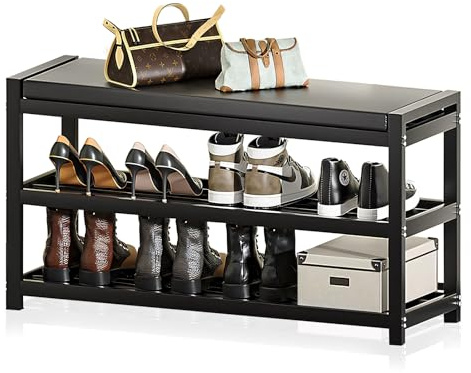 Gemsaya Schuhbank 95 × 25 × 41,5 cm | 3 Ebenen, belastbar bis 150 kg | Metall-Schuhregal mit Sitzfläche aus Kohlenstoffstahl, Schuhständer und Schuhablage für Eingang, Flur und Wohnzimmer, Schwarz