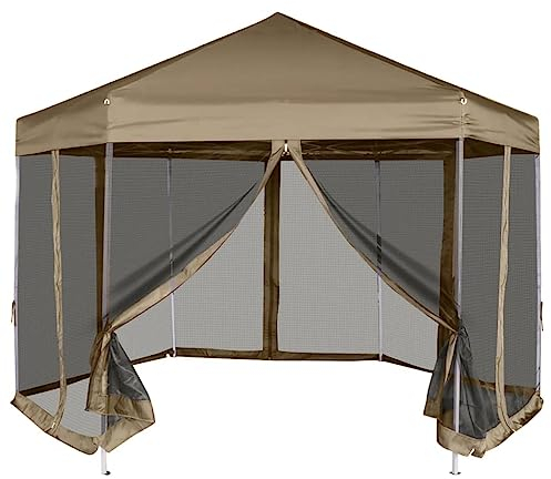 Home Outdoor OthersSechseckiges Pop-Up-Festzelt mit Seitenwänden, 3,6 x 3,1 m, Taupe, 220 g/m²