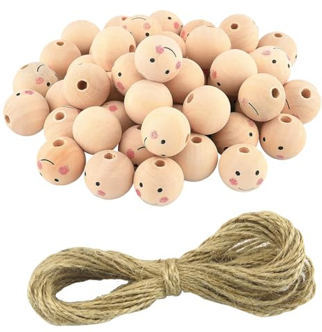 GIONAR 50 Stück Gesicht Holzperlen, Natürliche Runde Perlen, 25mm Große Naturholzperlen Runde Lose Perlen Mit Lächelngesicht, mit 10m Hanfseil, für DIY Schmuck, Handwerk und Dekorationen