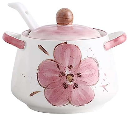 OUSIKA Azucarero, bote de condimento, azucarero de doble asa con tapa y cuchara, tarro de almacenamiento de azúcar de cerámica de 400 ml, azucarero de porcelana impresa, for barra de café, rosa, 400 m