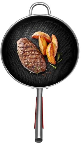 Sartén de acero inoxidable de 32 cm con estructura de panal y tapa transparente, base gruesa superconductora, base antiadherente, compatible con cocinas de gas, vitrocerámica y