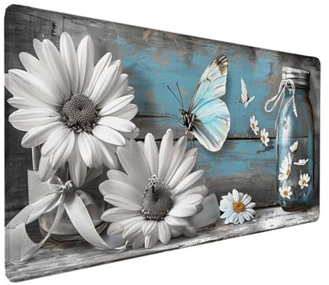 Tapis de Souris XXL 900x400MM, Tapis de Souris Gamer Blanc Tapis de Bureau Papillon Mouse Pad Antidérapant Étanche, Bords Cousus Tapis de Bureau Gaming pour la Bureau, Jeux, Maison Déco Cadeau Q-8