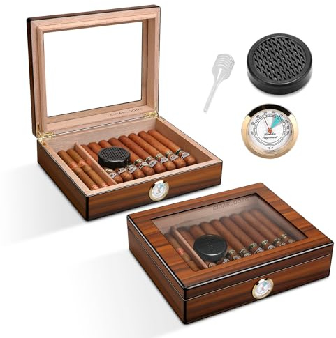 Cigar Humidors Cedar Wood with Humidifier and Hygrometer, Elegant Cigars Humidor Case, Cigar Cabinet Box with Tempered Glass Top, Holds 20-30 Cigars(M)