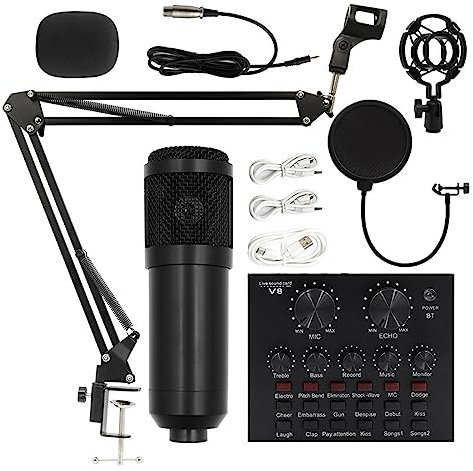 WDWDW Sound Card Kit Professional Condenser Microphone Kits V8 Sound Card Karaoke With Microphone Stand Condenser USB MIC Live Streaming Studio Setup For Recording Music