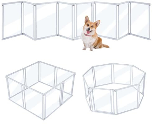 unipaws transparenter Acryl Hundelaufstall, 424 cm breiter 8-Panel freistehender Laufstall Hund, faltbares Welpengitter Hund mit Tür, Welpenlaufstall für Hunde & Katzen