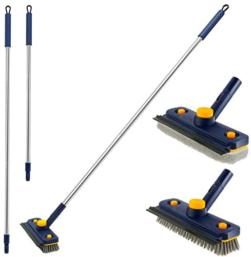 3 in 1 Boden Scheuerbürste mit Teleskopstiel 118cm 360° Drehung Hartes Haar, Schrubber mit Stiel Wischleiste Schwammbürstenkopf, für Badezimmer Badewanne Terrasse Küche Garage
