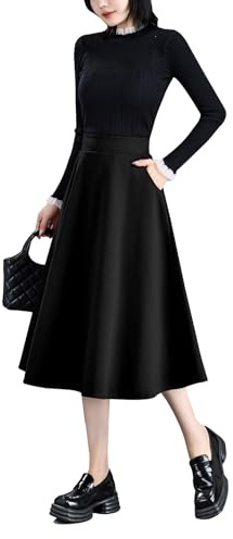 BiilyLi Gonna Lunga Invernale Donna Vintage Vita Alta Scozzese Gonne Elegante A-Linea Midi Skirt con Tasca Nero -M(Vita Elastica: 73 cm)