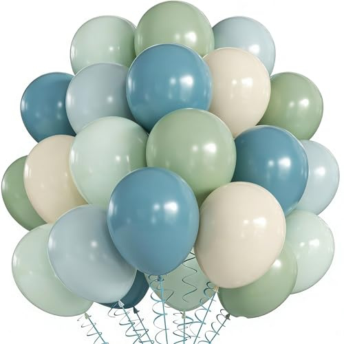 UDRKFOPK Luftballons Blau Grün,60 Stück Blaue Luftballons Mit Retro Grün Weiß Latex Ballons,12 Zoll Grüne Hellblau Beige Helium Ballons,für Geburtstag,Hochzeit,Brautparty,Graduierung,Partydeko