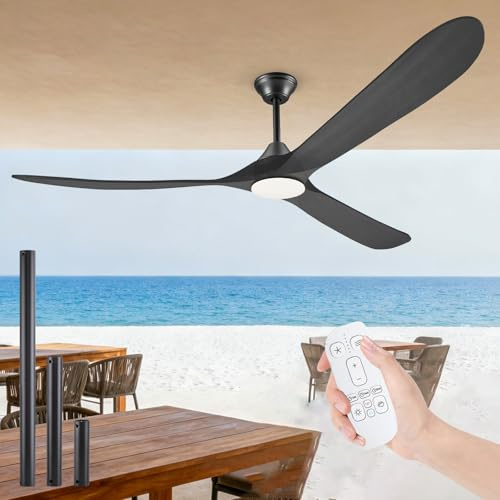 Ventilatore da Soffitto con Luce e Telecomando 152cm, Ventilatore Soffitto Legno con 3 Pale, Motore DC Silenzioso, 6 Velocità, Funzione Reversibile, per Esterno e Interno Camere, Verande e Garage