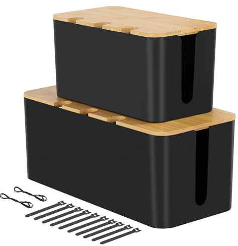 Cable Tidy Box, Set of 2 cable management box for Cable and Cord Management, Cable Storage Box with Bamboo Lid for Hiding Messy Cables Wire Management (White)