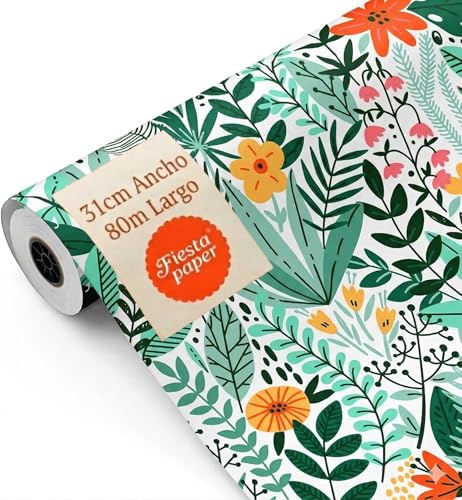 Rollo de Papel Regalo Flores Primaveral 31cm x 80m Bobina Grande Resistente - Regalos Eventos Decoración Tiendas Comercios - FP Fiesta Paper