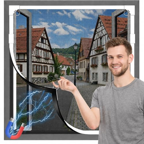 Mosquiteras para Ventanas Magnética 150×180cm Malla de Fibra de Vidrio, Marco de Ventana con Banda Magnética Completa, Recortable Mosquitera Ventana Magnetica