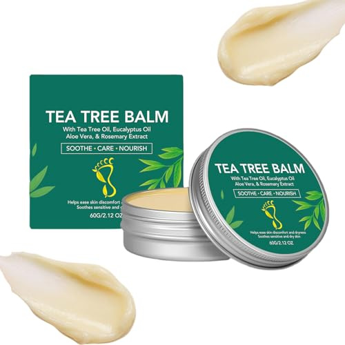 60g Bálsamo de árbol de Té, Suave y Calmante Crema de Pies Aceite de árbol de Té de Origen Vegetal, Confort Duradero, Para Pieles Secas Como Las de Las Manos, Los Pies y Codos
