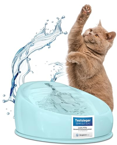 Lucky-Kitty Trinkbrunnen für Katze, Blau, Keramik Handarbeit, Leise