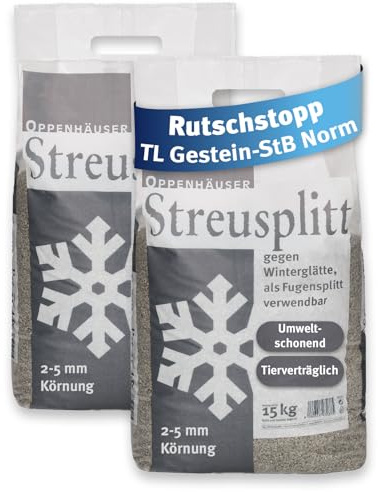 OPPENHÄUSER Diabas Streusplitt 30kg 2-5mm Körnung: sofort rutschhemmend, umweltschonendes Streugranulat für sichere Straßen & Parkflächen, TL Gestein-StB Norm, Premium Qualität, 2x15kg