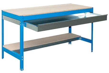 Simon Rack Mesa de Trabajo Taller, 400 kg Capacidad Carga, 842x910x610 mm, 1 Cajón, Azul/Madera - BT0