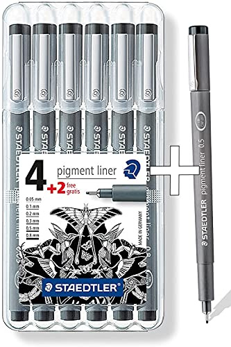 Staedtler 308 SB6P Pigment Liner, 4 Stück und 2 Stück Gratis, in Box + Kalligraphie-Liner