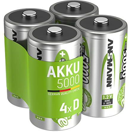 ANSMANN 4x Batterie ricaricabili stilo Mono D - 5000 mAh 1,2 V NiMH - Pila a ricarica veloce - fino a 1000 cicli di ricarica eco-friendly